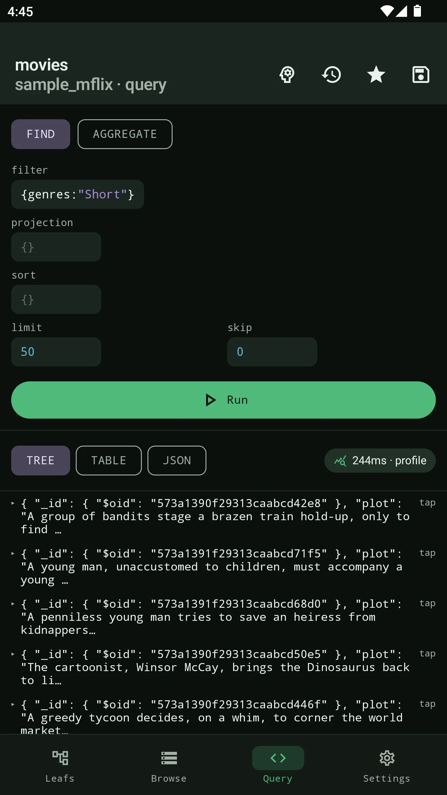 Running a query in Byson, a free mobile MongoDB client