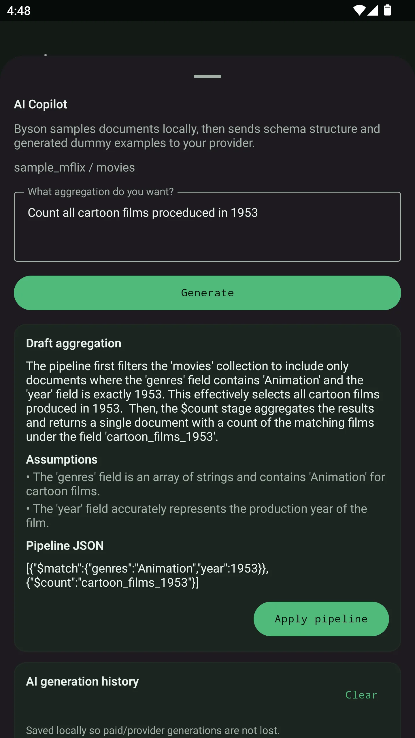 Byson AI Copilot generating a reviewable aggregation pipeline