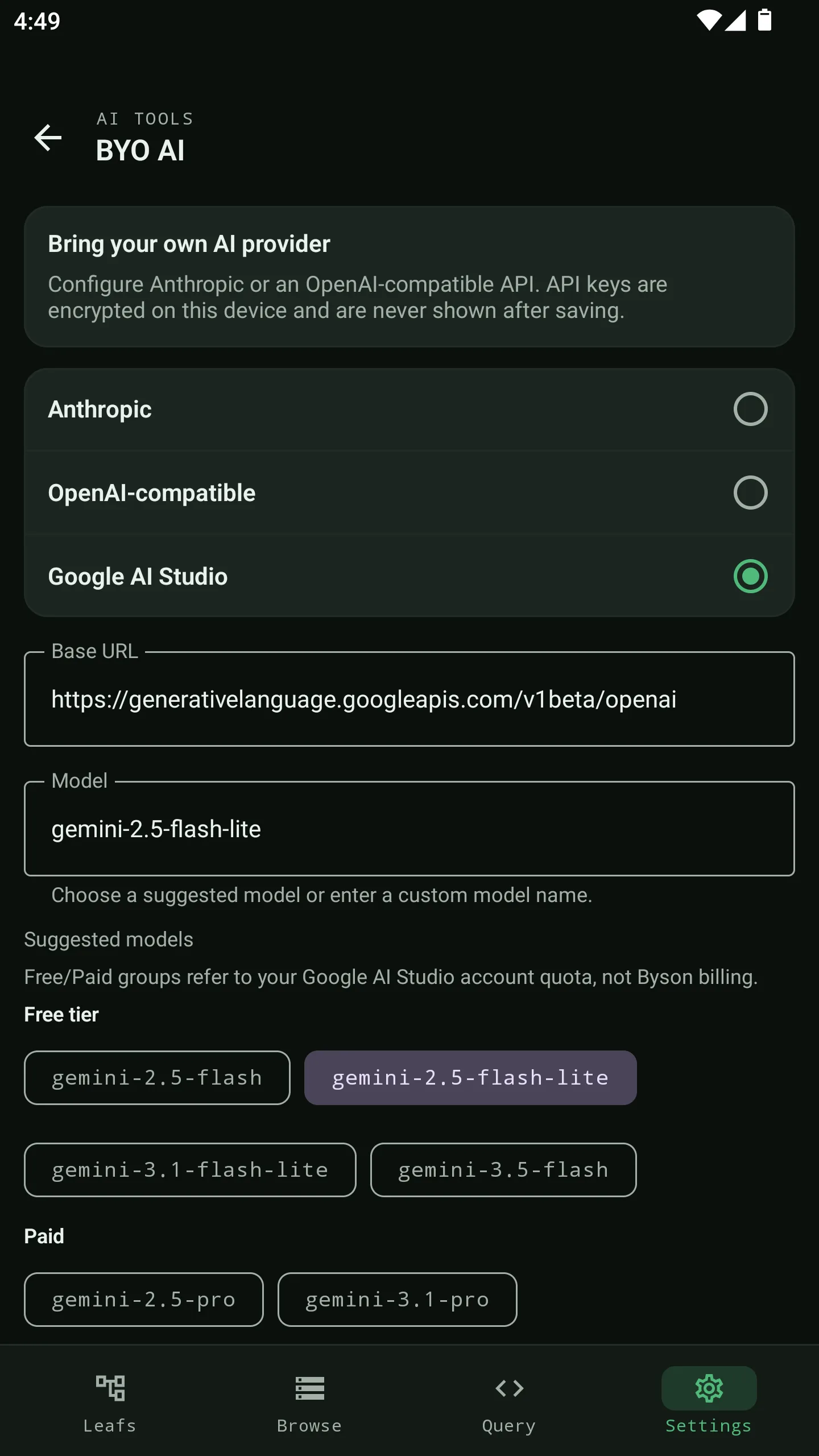 Byson BYO AI settings with on-device encrypted keys