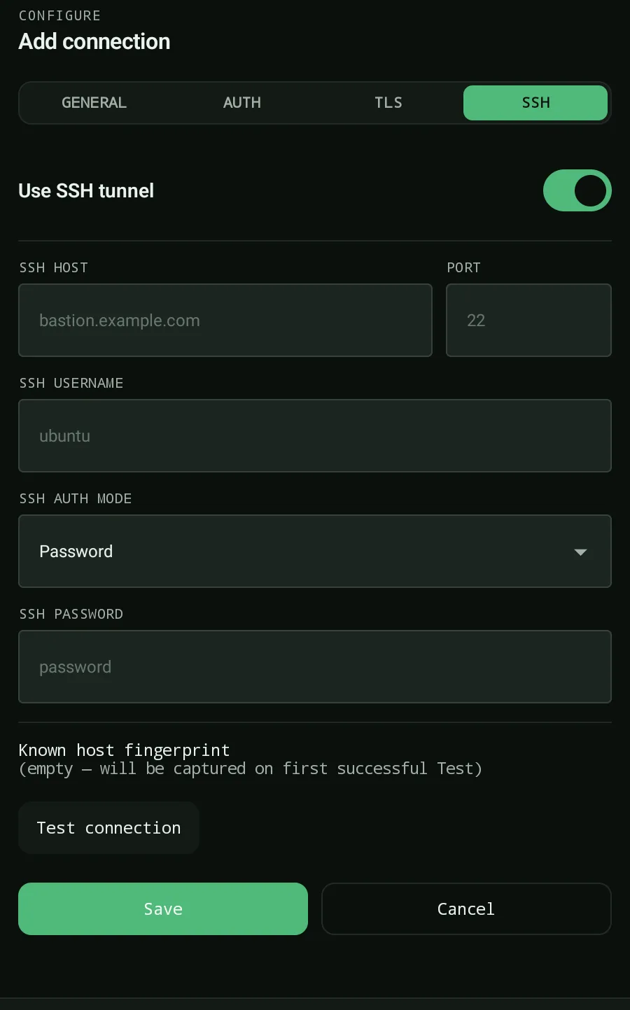 Byson SSH tunnel config showing the host-key fingerprint captured on first Test