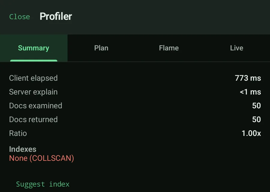 Byson profiler showing a COLLSCAN with a Suggest index action