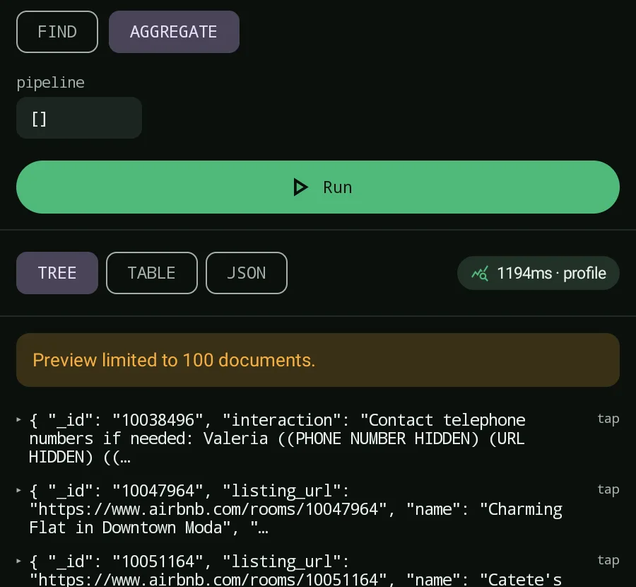 Byson aggregation preview limited to 100 documents banner