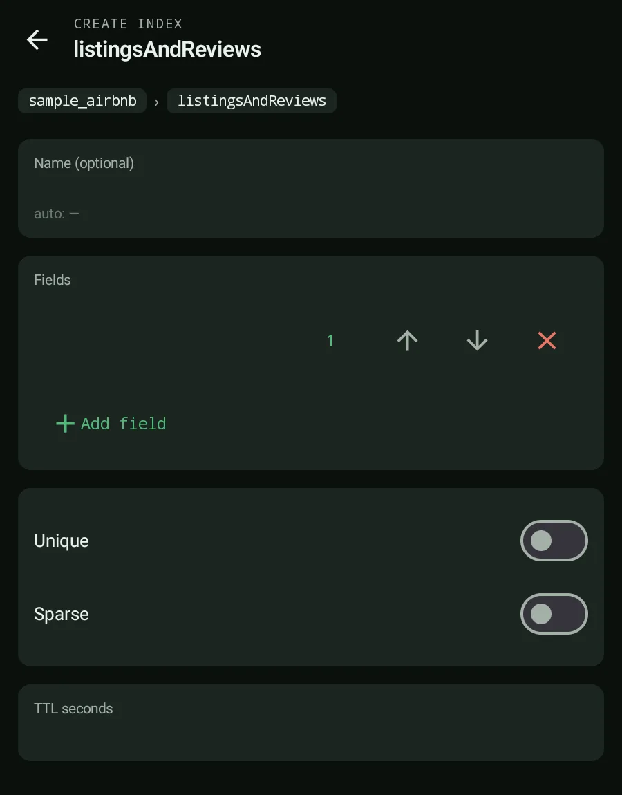 Byson create-index screen with Unique, Sparse and TTL options