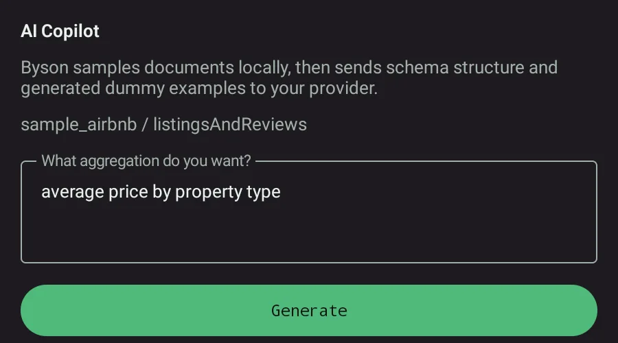 Byson AI Copilot turning a natural-language request into a MongoDB aggregation