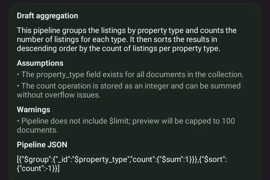Byson AI-generated MongoDB aggregation draft with explanation, assumptions and pipeline JSON