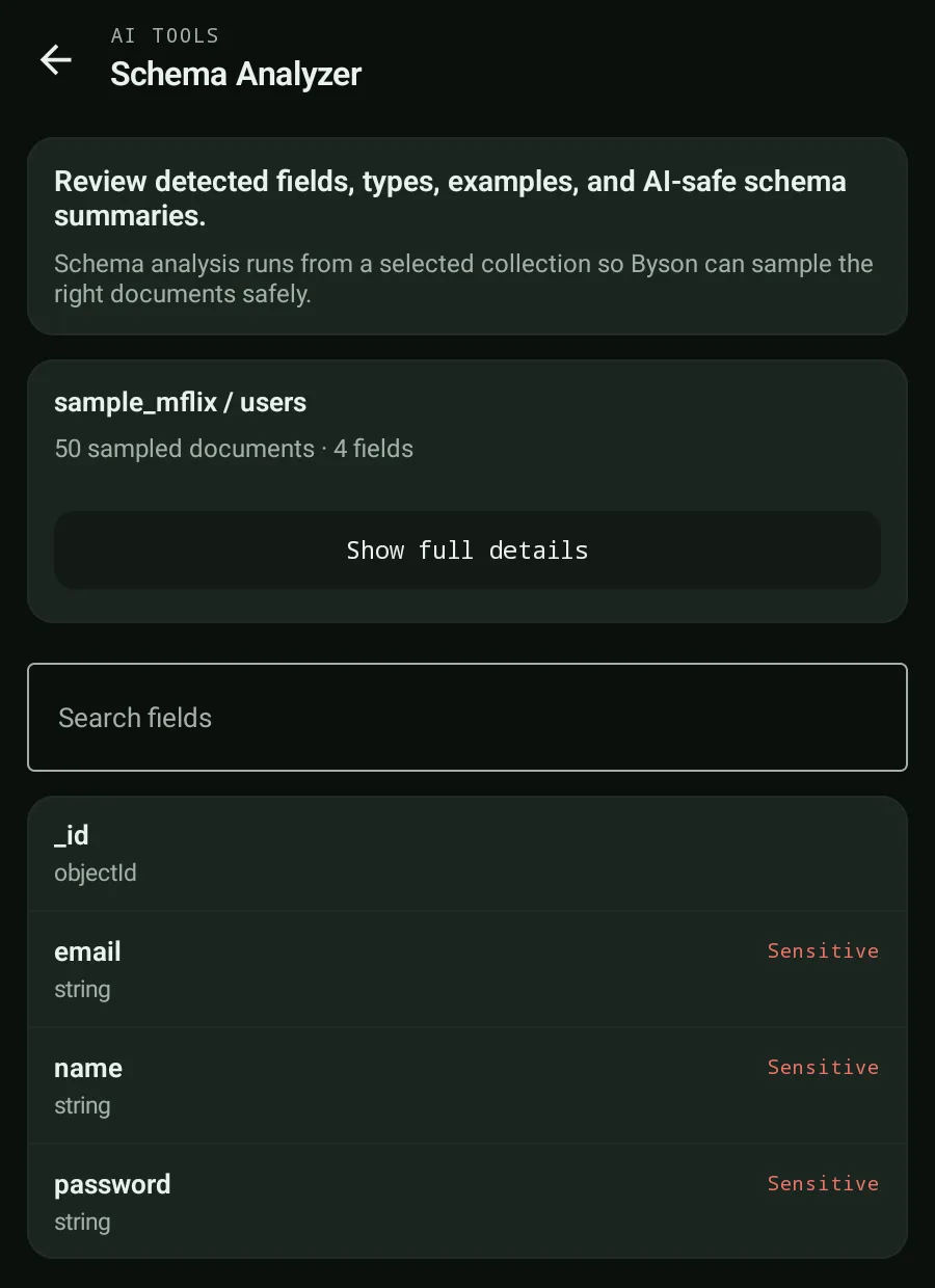 Byson Schema Analyzer detecting fields and redacting sensitive email, name and password fields